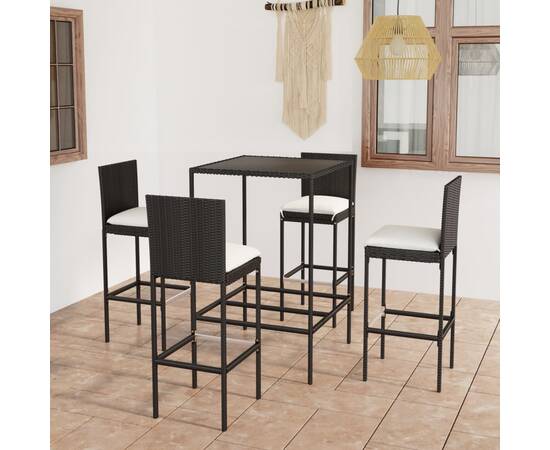 Set mobilier bar de grădină cu perne, 5 piese, negru, poliratan