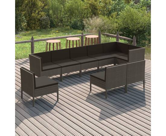 Set mobilier de grădină cu perne, 9 piese, gri, poliratan