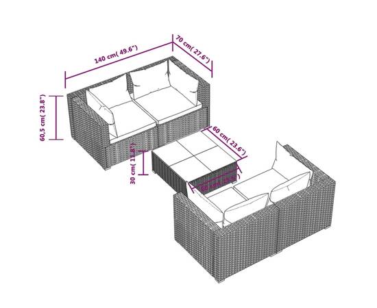 Set mobilier de grădină cu perne, 5 piese, negru, poliratan, 7 image