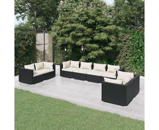 Set mobilier de grădină cu perne, 8 piese, negru, poliratan
