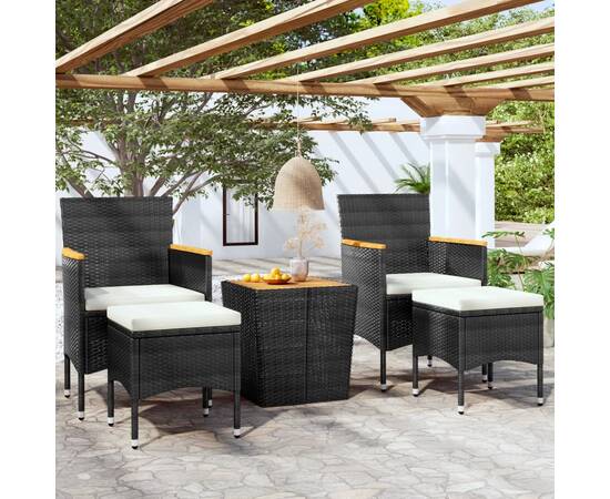 Set mobilier bistro, 5 piese, negru, poliratan și lemn acacia