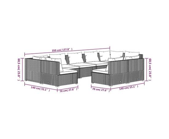 Set mobilier de grădină cu perne, 9 piese,gri, poliratan, 7 image