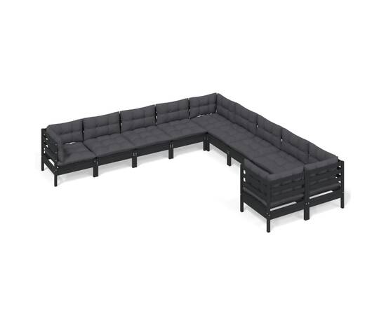 Set mobilier grădină cu perne, 10 piese, negru, lemn de pin, 2 image