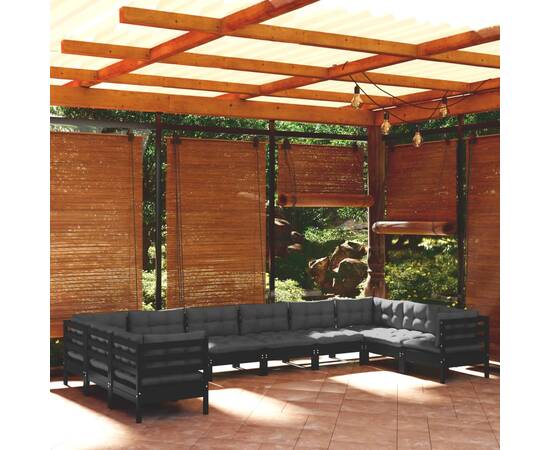 Set mobilier grădină cu perne, 10 piese, negru, lemn de pin