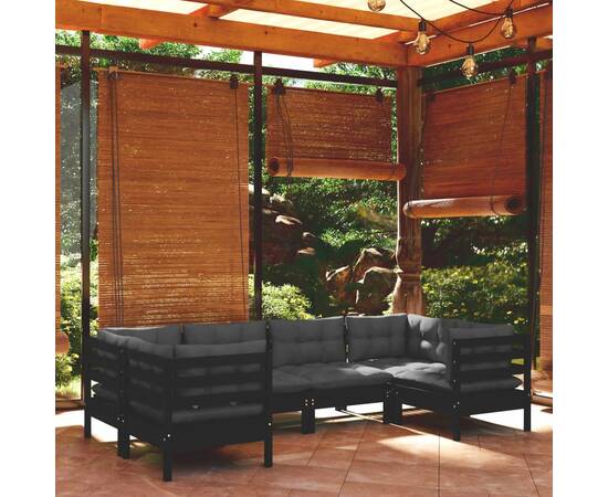 Set mobilier grădină cu perne, 6 piese, negru, lemn de pin