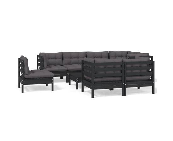 Set mobilier grădină cu perne, 9 piese, negru, lemn masiv pin, 2 image