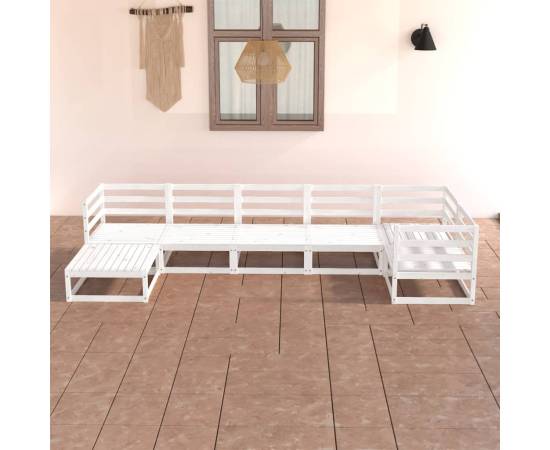 Set mobilier de grădină, 7 piese, alb, lemn masiv de pin