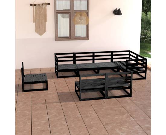 Set mobilier de grădină, 8 piese, negru, lemn masiv de pin