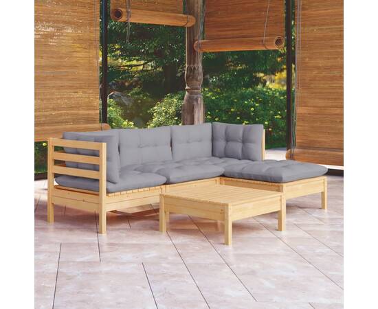 Set mobilier grădină cu perne gri, 5 piese, lemn de pin