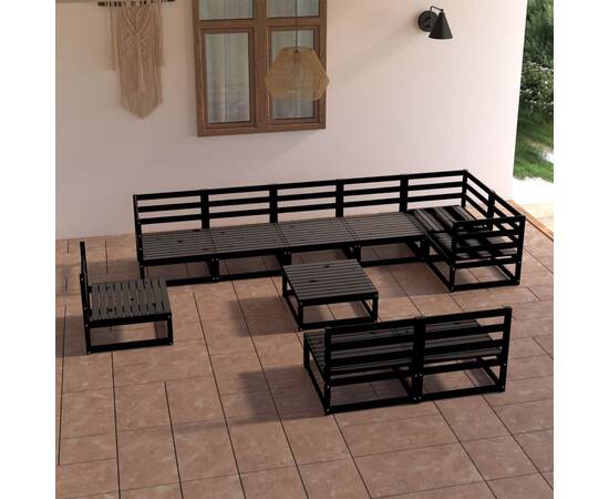 Set mobilier de grădină, 10 piese, negru, lemn masiv de pin