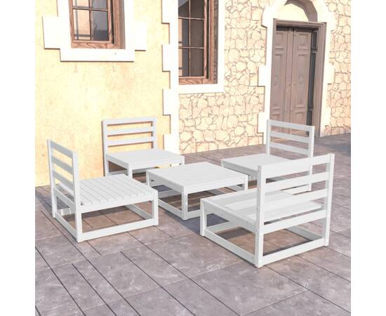 Set mobilier de grădină, 5 piese, alb, lemn masiv de pin