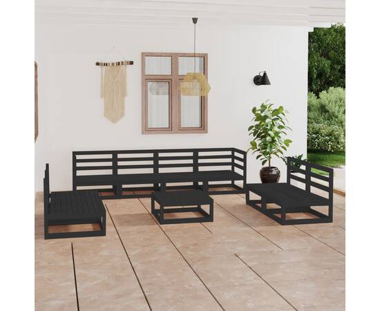 Set mobilier de grădină, 9 piese, negru, lemn masiv de pin