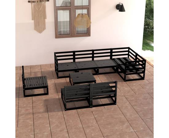 Set mobilier de grădină, 9 piese, negru, lemn masiv de pin