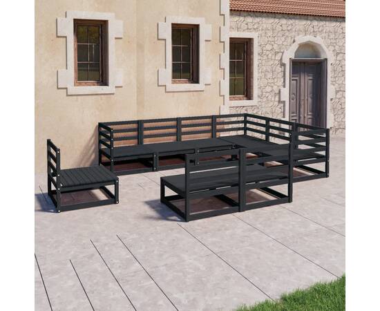 Set mobilier de grădină, 9 piese, negru, lemn masiv de pin