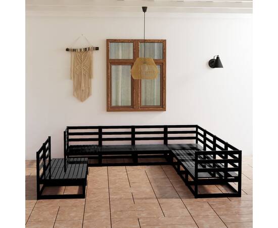 Set mobilier de grădină, 9 piese, negru, lemn masiv de pin