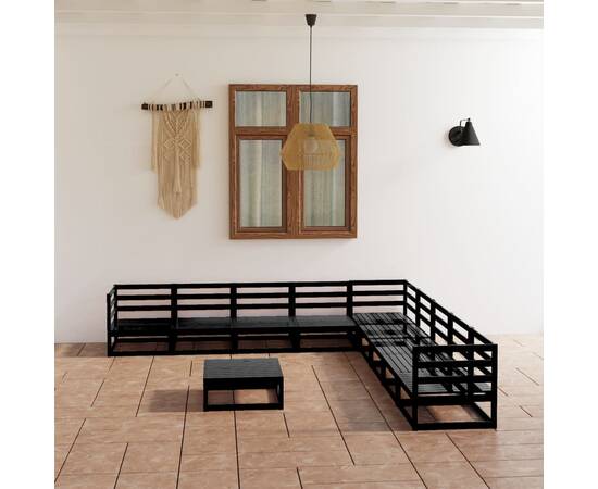 Set mobilier de grădină, 10 piese, negru, lemn masiv pin