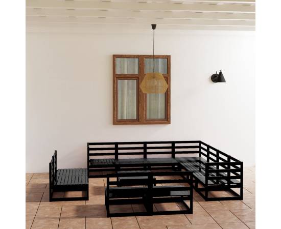 Set mobilier de grădină, 12 piese, negru, lemn masiv de pin