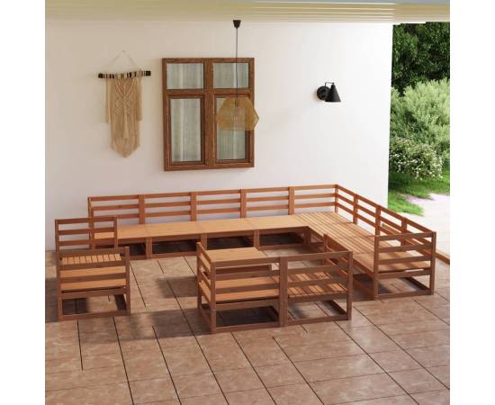 Set mobilier de grădină, 13 piese, maro miere, lemn masiv pin