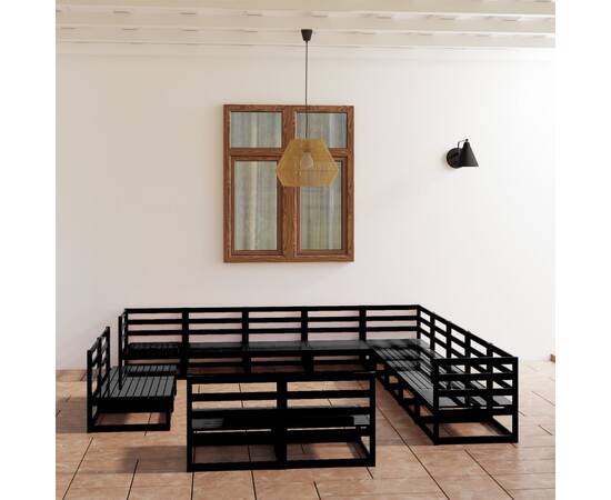 Set mobilier de grădină, 13 piese, negru, lemn masiv pin