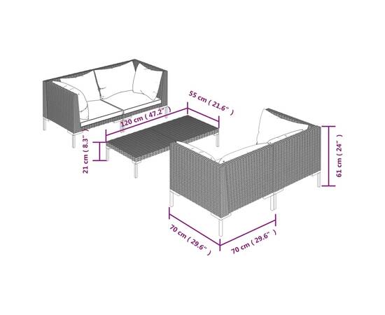 Set mobilier de grădină cu perne, 5 piese, gri închis poliratan, 7 image