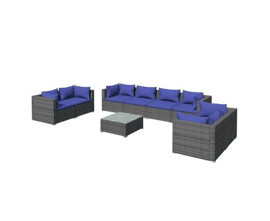 Set mobilier de grădină cu perne, 9 piese, gri, poliratan, 2 image