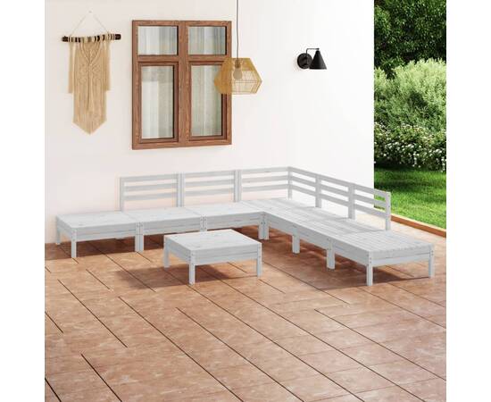 Set mobilier de grădină, 8 piese, alb, lemn masiv de pin