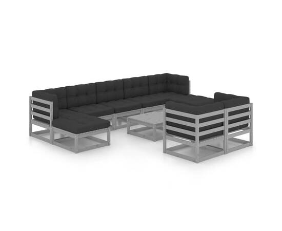 Set mobilier de grădină cu perne, 10 piese, gri, lemn masiv pin, 2 image