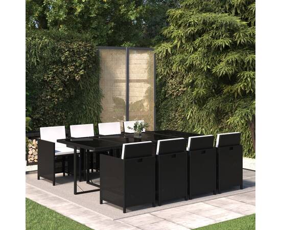 Set mobilier de grădină cu perne, 9 piese, negru, poliratan