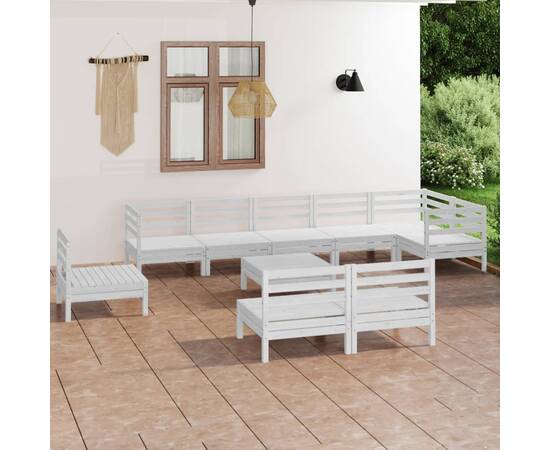 Set mobilier de grădină, 10 piese, alb, lemn masiv de pin