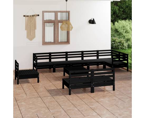 Set mobilier de grădină, 10 piese, negru, lemn masiv de pin