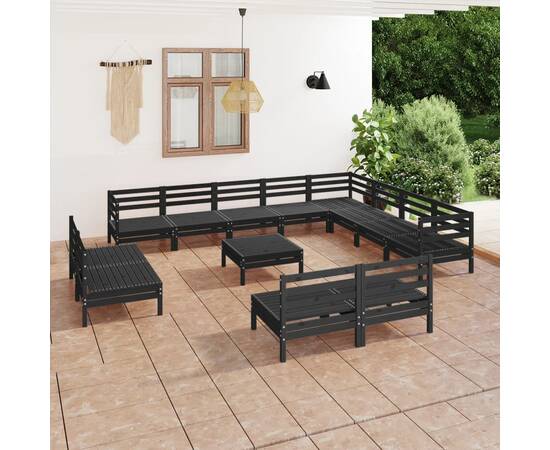 Set mobilier de grădină, 13 piese, negru, lemn masiv de pin