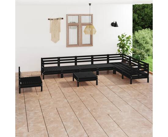 Set mobilier de grădină, 9 piese, negru, lemn masiv de pin