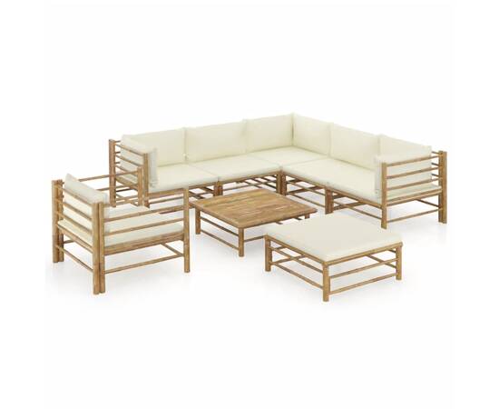 Set mobilier de grădină, 8 piese, perne alb crem, bambus
