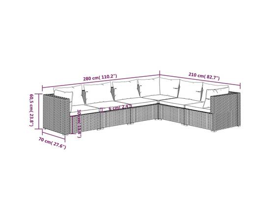 Set mobilier de grădină cu perne, 6 piese, maro, poliratan, 5 image