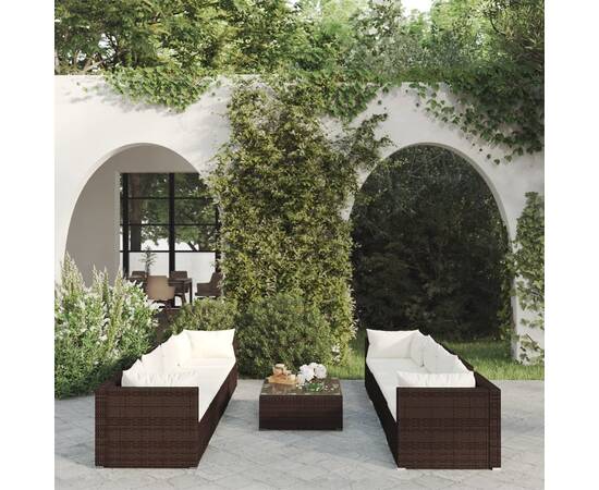 Set mobilier de grădină cu perne, 9 piese, maro, poliratan