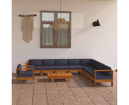 Set mobilier grădină perne gri închis, 10 piese, lemn acacia