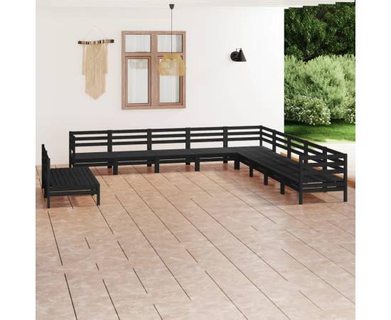 Set mobilier de grădină, 11 piese, negru, lemn masiv de pin