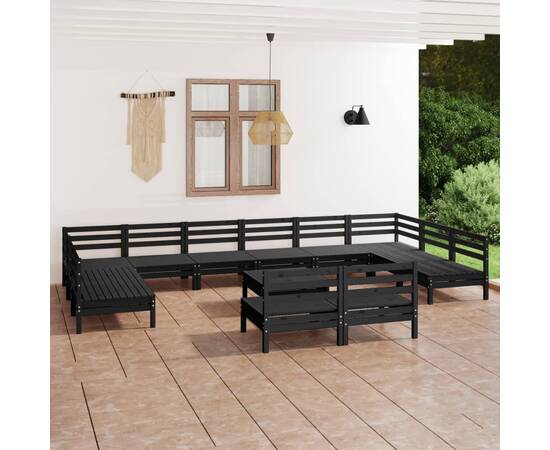 Set mobilier de grădină, 13 piese, negru, lemn masiv de pin