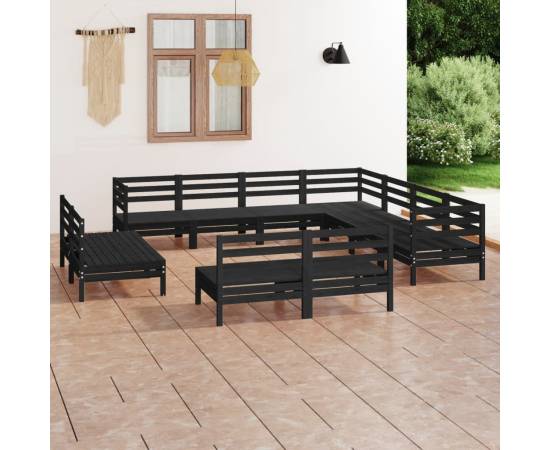 Set mobilier de grădină, 11 piese, negru, lemn masiv de pin
