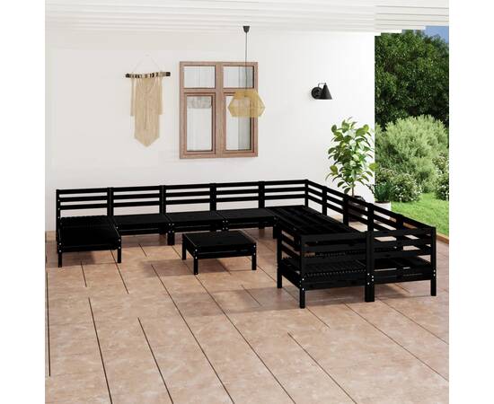 Set mobilier de grădină, 12 piese, negru, lemn masiv de pin