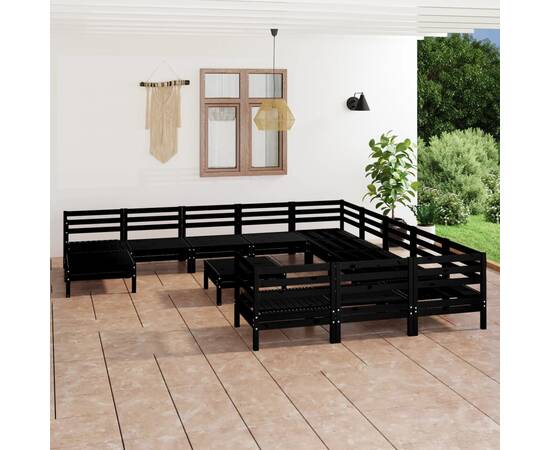 Set mobilier de grădină, 13 piese, negru, lemn masiv de pin