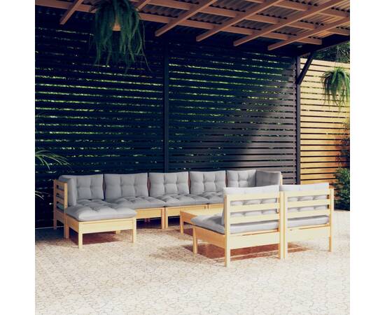 Set mobilier grădină cu perne gri, 10 piese, lemn de pin