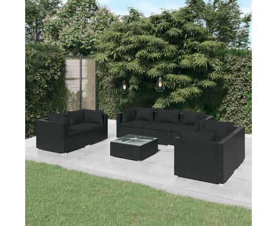 Set mobilier de grădină cu perne, 8 piese, negru, poliratan