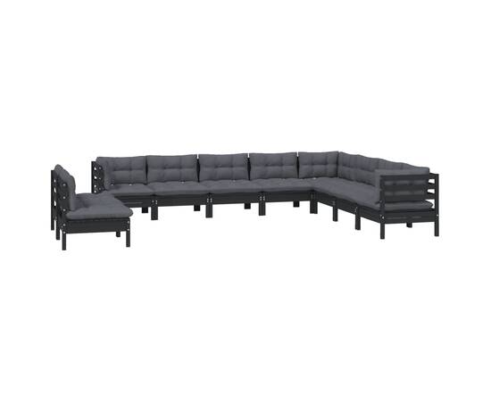 Set mobilier grădină cu perne, 10 piese, negru, lemn masiv pin, 3 image