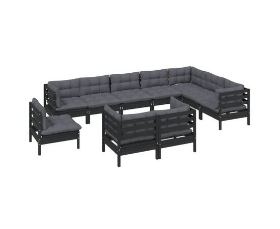 Set mobilier grădină cu perne, 10 piese, negru, lemn masiv pin, 3 image