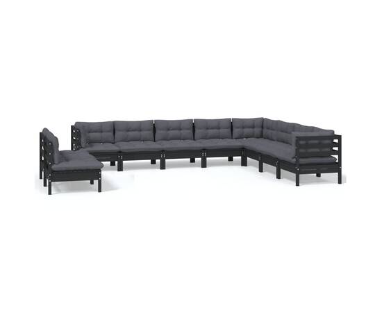 Set mobilier grădină cu perne, 10 piese, negru, lemn masiv pin, 2 image