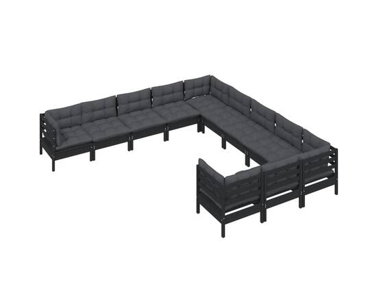 Set mobilier grădină cu perne, 11 piese, negru, lemn de pin, 3 image