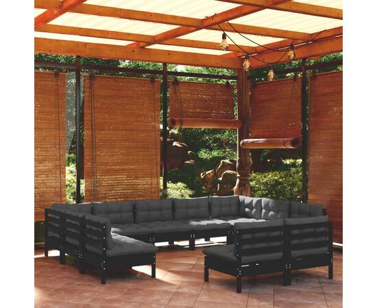 Set mobilier grădină cu perne, 11 piese, negru, lemn masiv pin