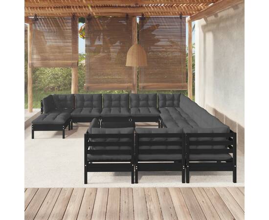 Set mobilier grădină cu perne, 13 piese, negru, lemn de pin