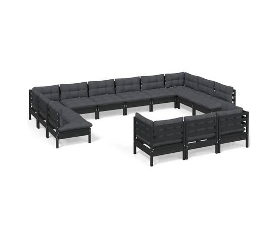 Set mobilier grădină cu perne, 13 piese, negru, lemn de pin, 2 image